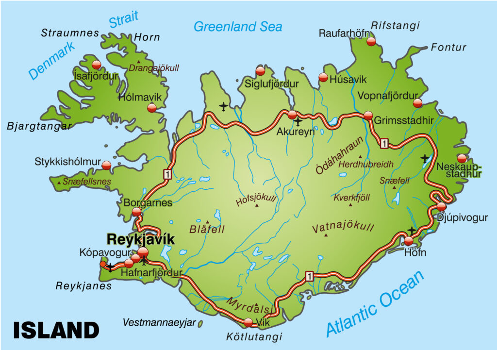 A vibrant map of Iceland shows cities, main roads, and bodies of water. Reykjavik is marked on the southwest coast.