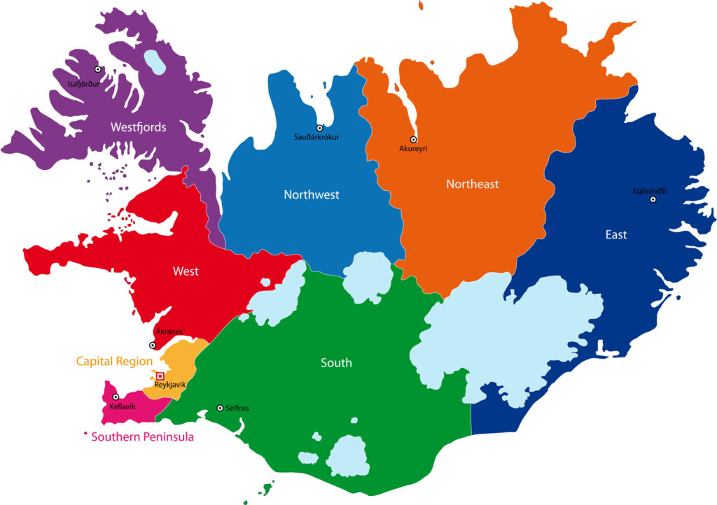 A political map of Iceland displays regions in different colors with labels and a key for each area.