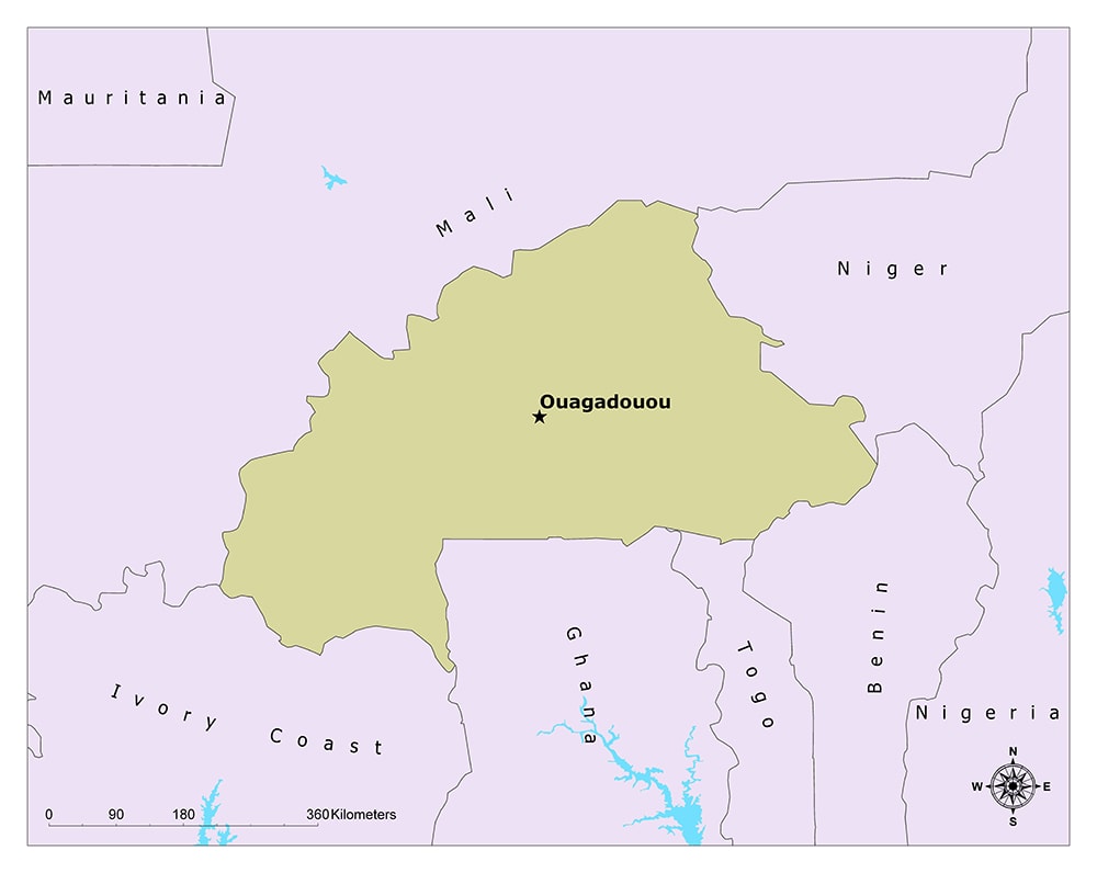 A map highlighting the city of Ouagadougou in a yellow shade, with surrounding country borders and names visible.