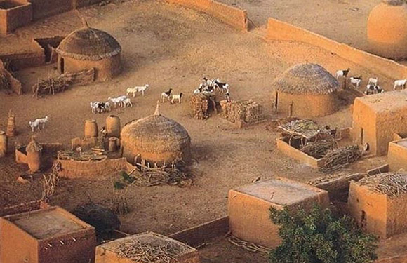 Aerial view of a traditional African village with round thatched-roof huts, surrounded by a fence, with several goats nearby.