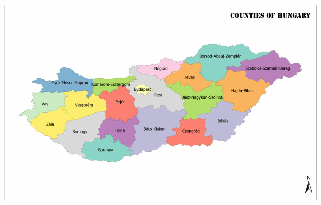 A color-coded map showing the counties of Hungary with labels for each county.