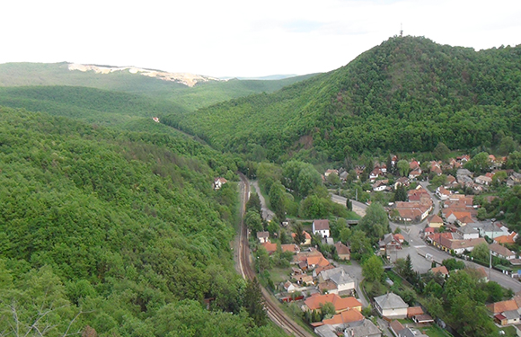 Aerial view of a small town nestled in a green valley with hills, featuring a mix of trees, buildings, and a railway track.