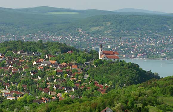 Aerial view of a lush green landscape with a dense cluster of buildings and a prominent structure on a hill overlooking a body of water.