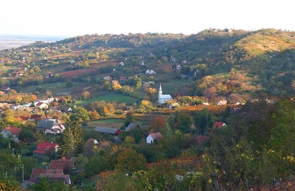 A scenic view of a rural village with houses and greenery surrounded by rolling hills.