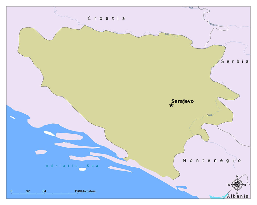 A basic political map displays Bosnia and Herzegovina in pale yellow, with Sarajevo marked. Neighboring countries are outlined.