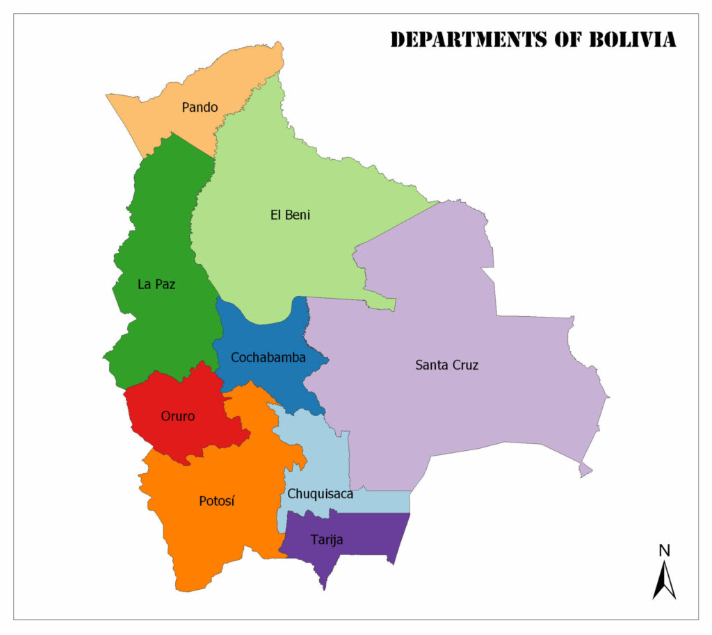 A color-coded map showing the departments of Bolivia with labels for each department and a compass indicating the north direction.