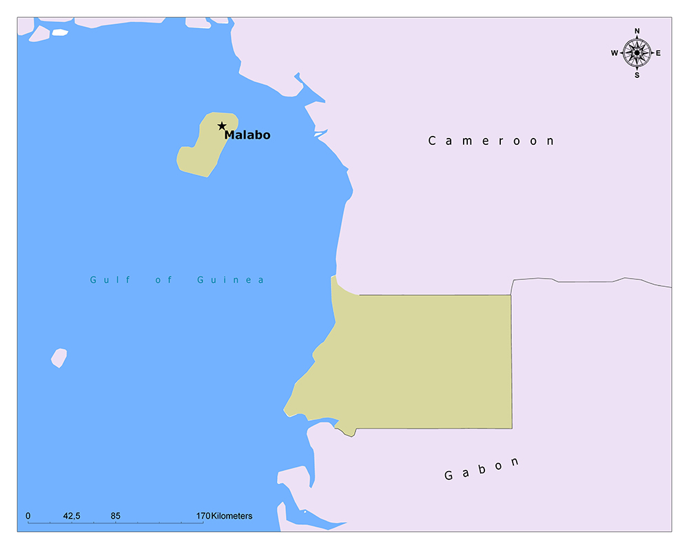 A map showing a section of the West African coast with Cameroon and a part of Gabon highlighted, and the island of Malabo marked in the ocean.