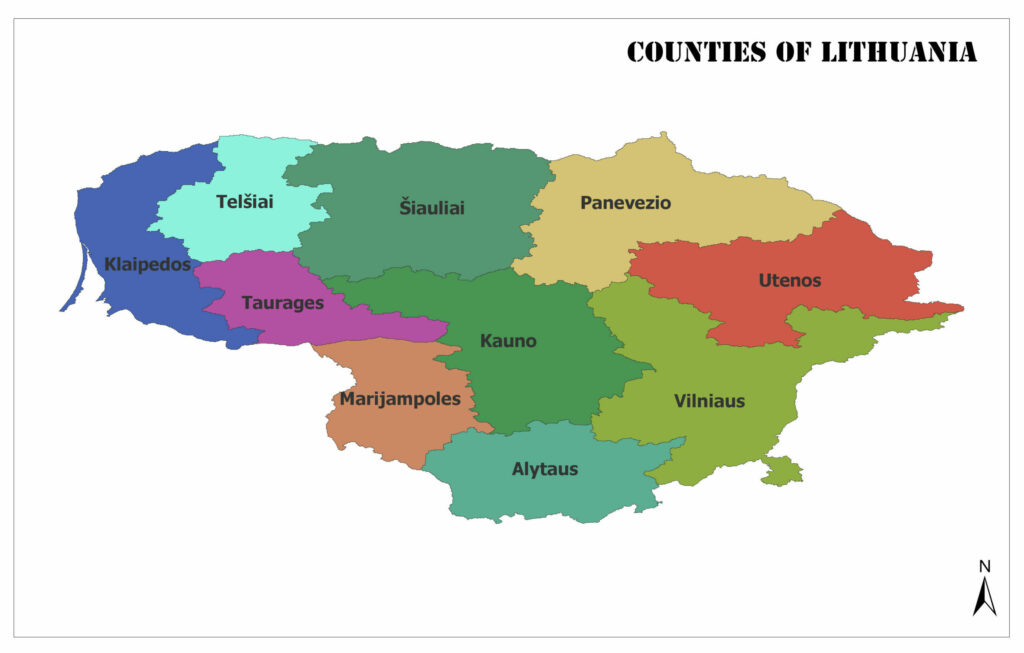 A color-coded map showing the counties of Lithuania with labels for each county.