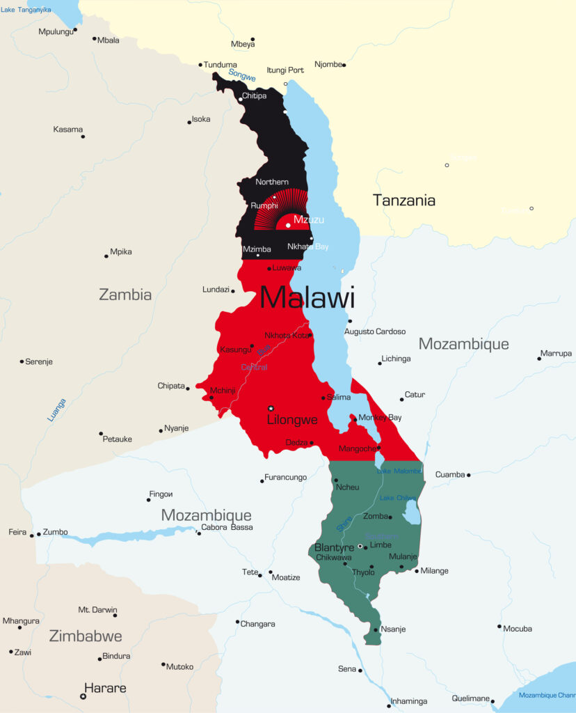 A color-coded map displays Malawi and its regions, along with neighboring Tanzania, Mozambique, and Zambia.