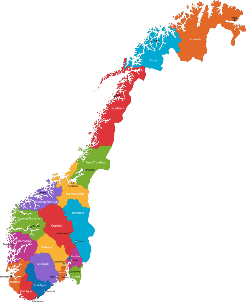 A stylized, colorful map of Norway's regions, each depicted in a different color, without text labels or a legend.