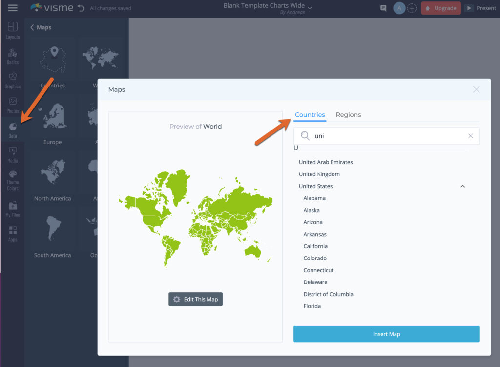 A screenshot of a data visualization software interface featuring a world map and a sidebar with various options and tools.