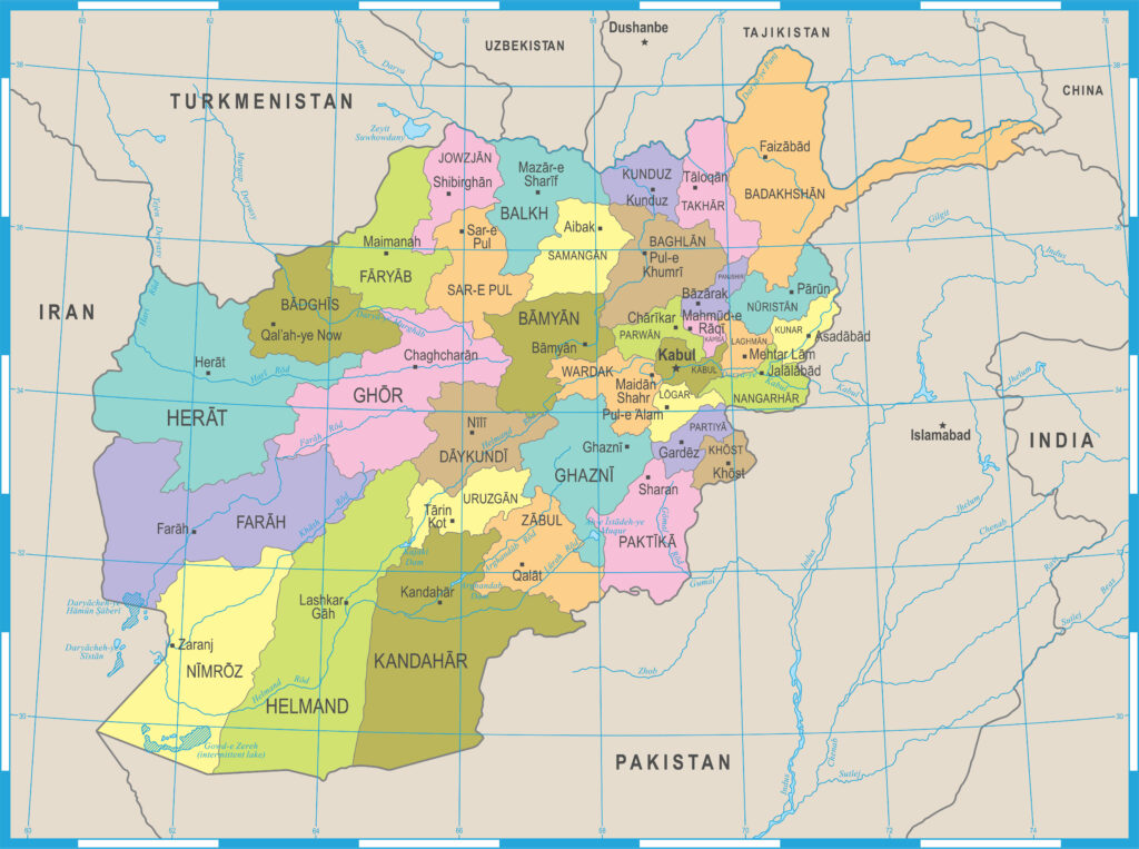 A low-res map of Afghanistan's provinces, each colored differently. Bordering countries are labeled.