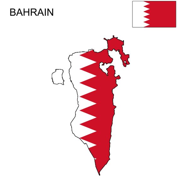 An image displays Bahrain's map with its flag design, featuring a white band, five triangles, and a red area.