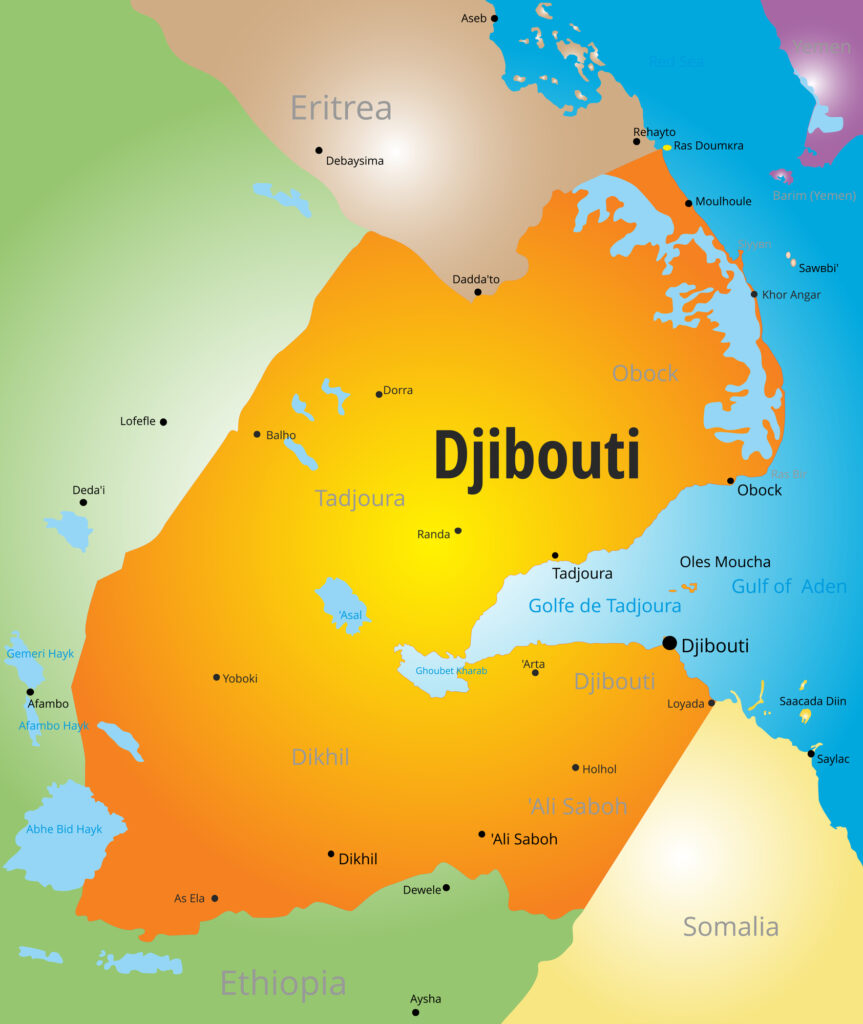 A colorful map of Djibouti showing various cities, borders, and geographical features with surrounding countries labeled.