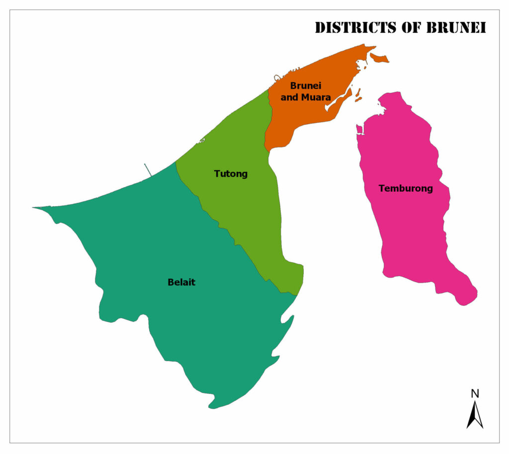 A color-coded map showing the districts of Brunei with a compass indicating the north direction.