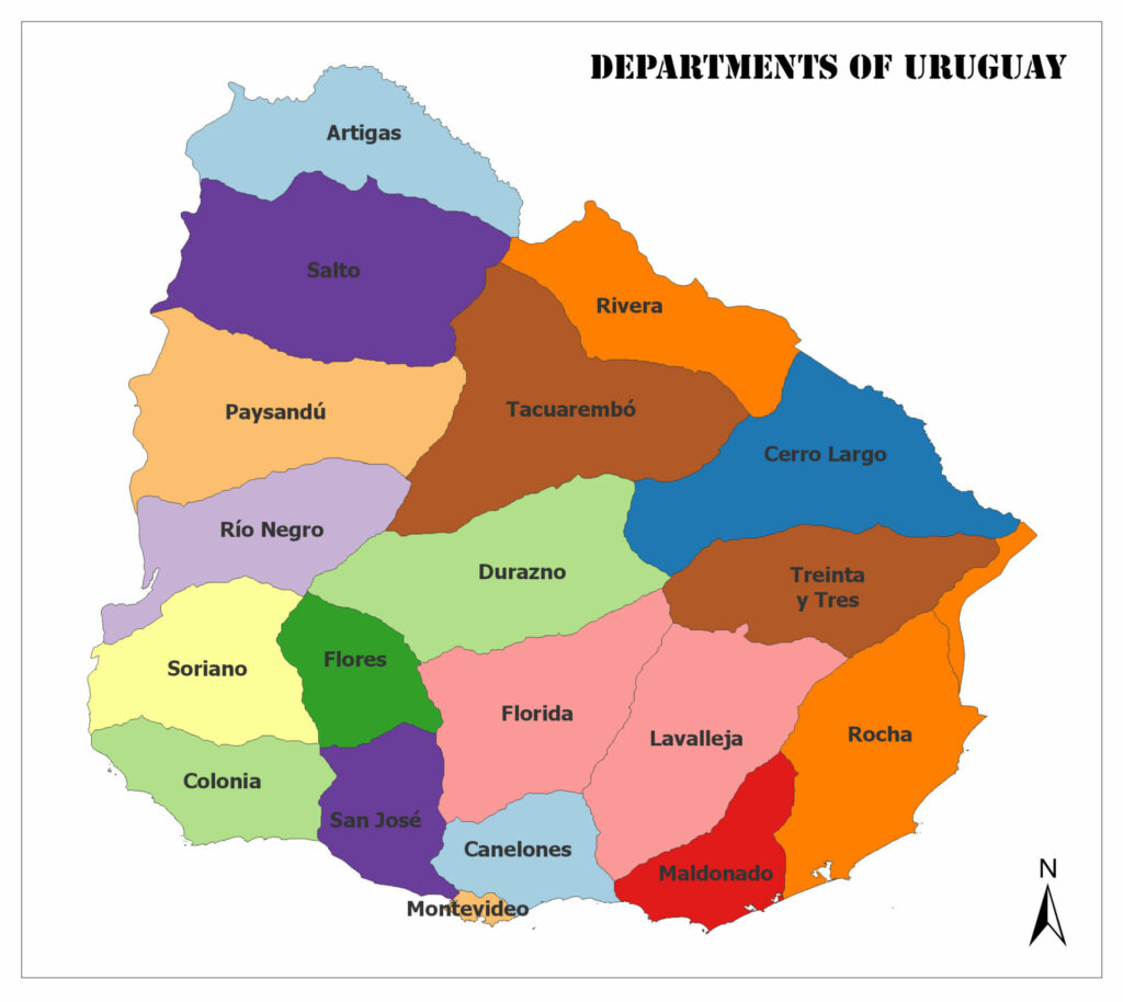 A color-coded map of Uruguay's departments, each in a different color and named. A compass rose indicates north.