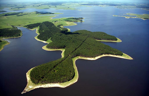 Aerial view of a tree-covered landmass with a shape resembling a bird in flight, surrounded by blue water.