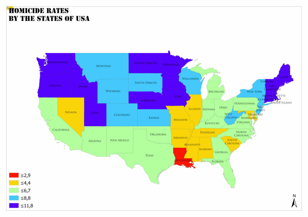 A color-coded map of the United States showing homicide rates by state.