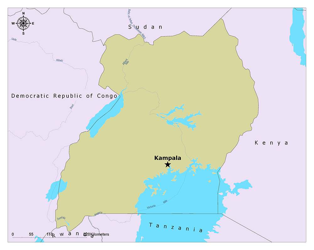 The map displays Uganda's outline, its capital Kampala, neighboring countries, and parts of Lake Victoria.