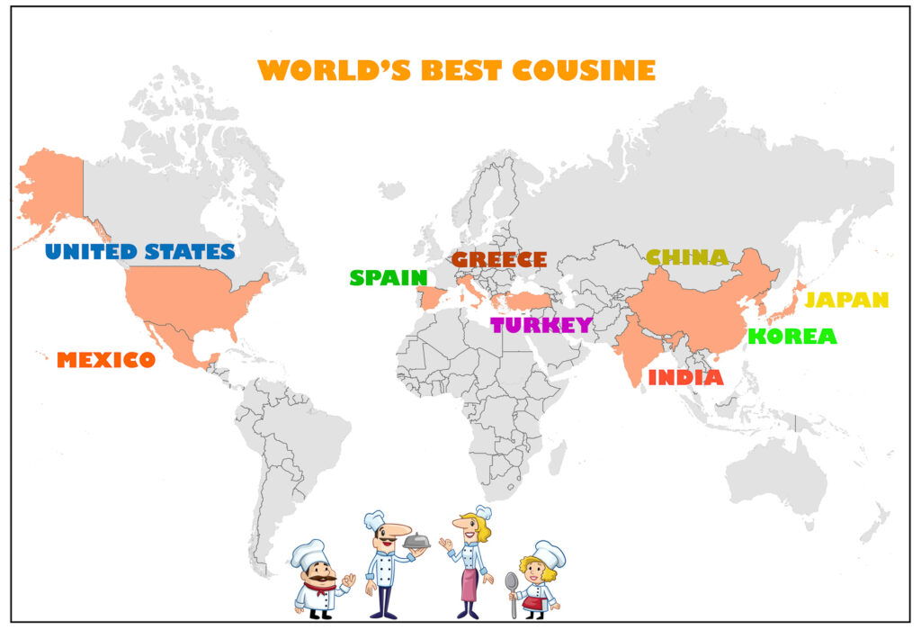 A world map highlights countries with the best cuisine, with cartoon chefs representing each nation below.