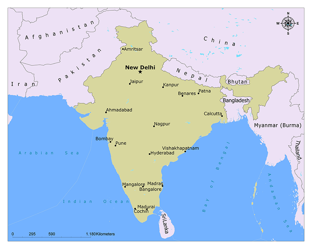 A map of India features major cities and bodies of water, with surrounding countries in white.