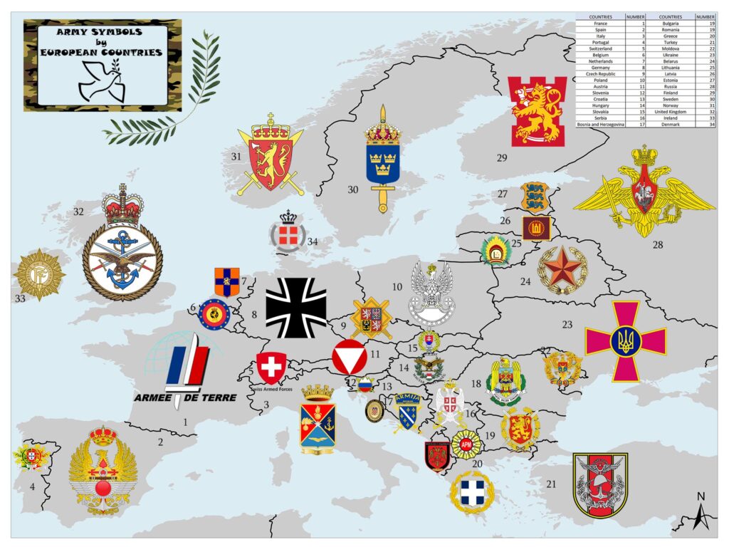 A map of Europe with various military emblems or crests overlaid on the countries they represent. The map includes a legend on the right side.