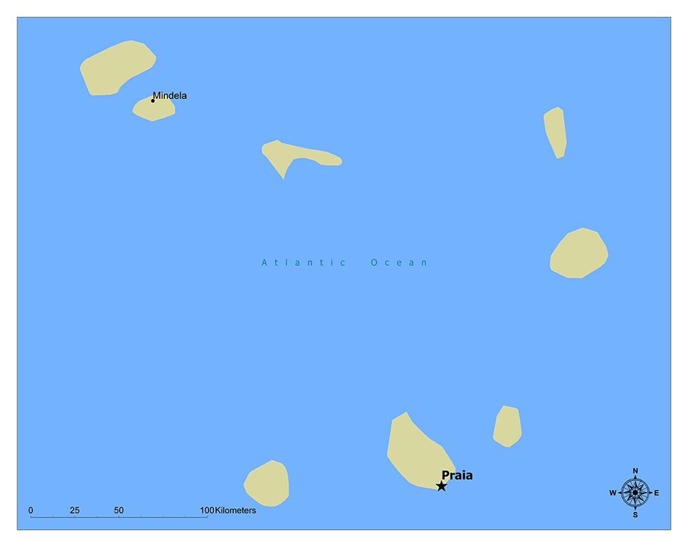 A geographical map image with yellow landmasses, blue water, labels, and a compass rose.