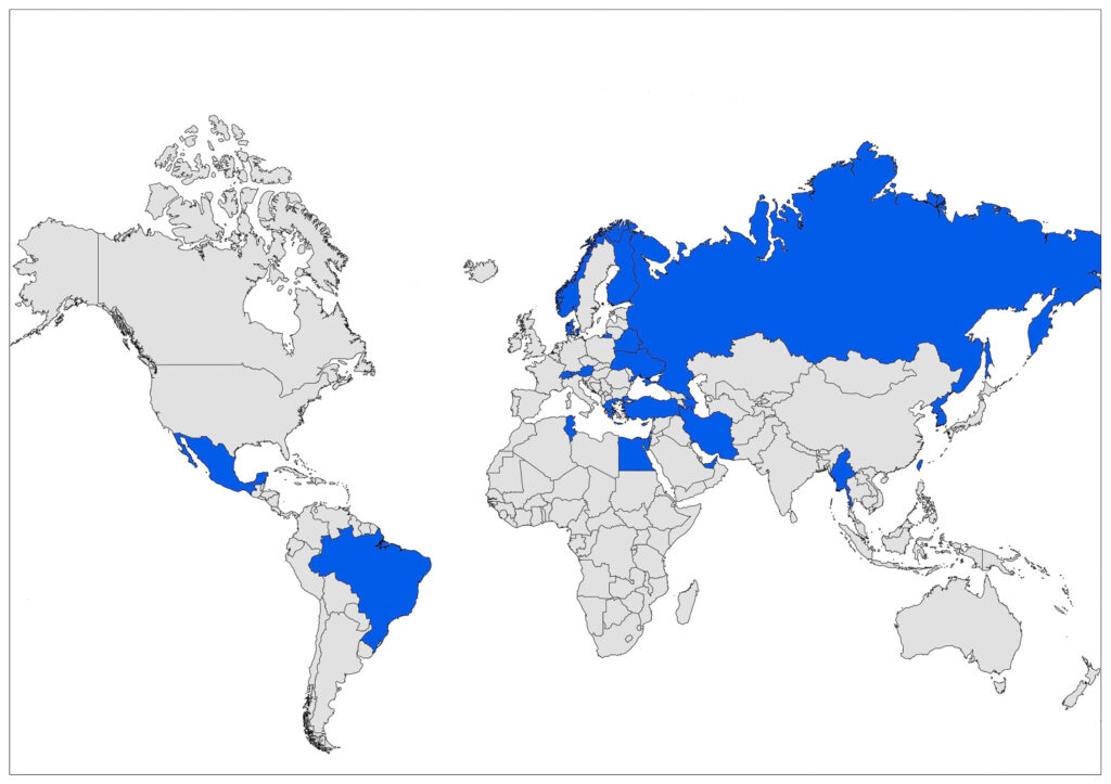 A world map with certain countries filled in with blue color, while others are left in white, against a plain background.