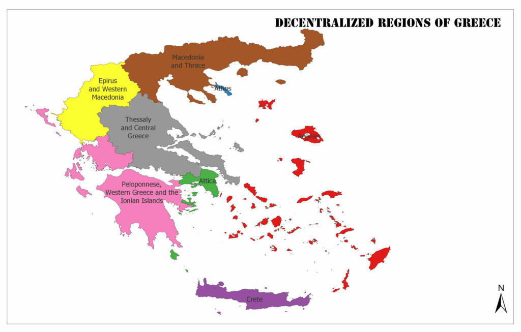 A color-coded map showing the decentralized regions of Greece, with each region labeled in English.