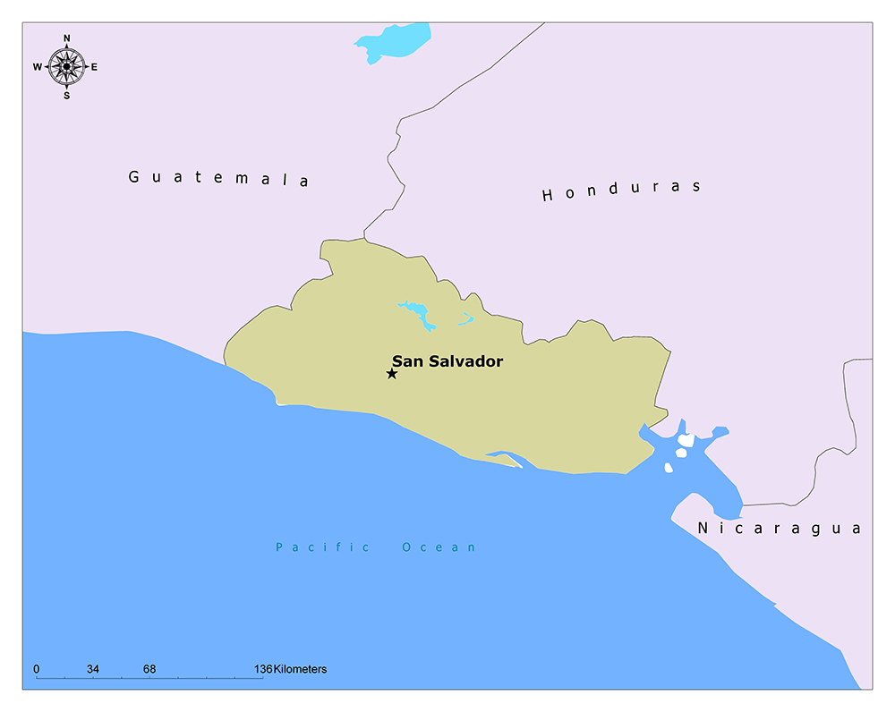 The map shows El Salvador in Central America, with Guatemala, Honduras, Nicaragua, the capital San Salvador, and the Pacific Ocean.