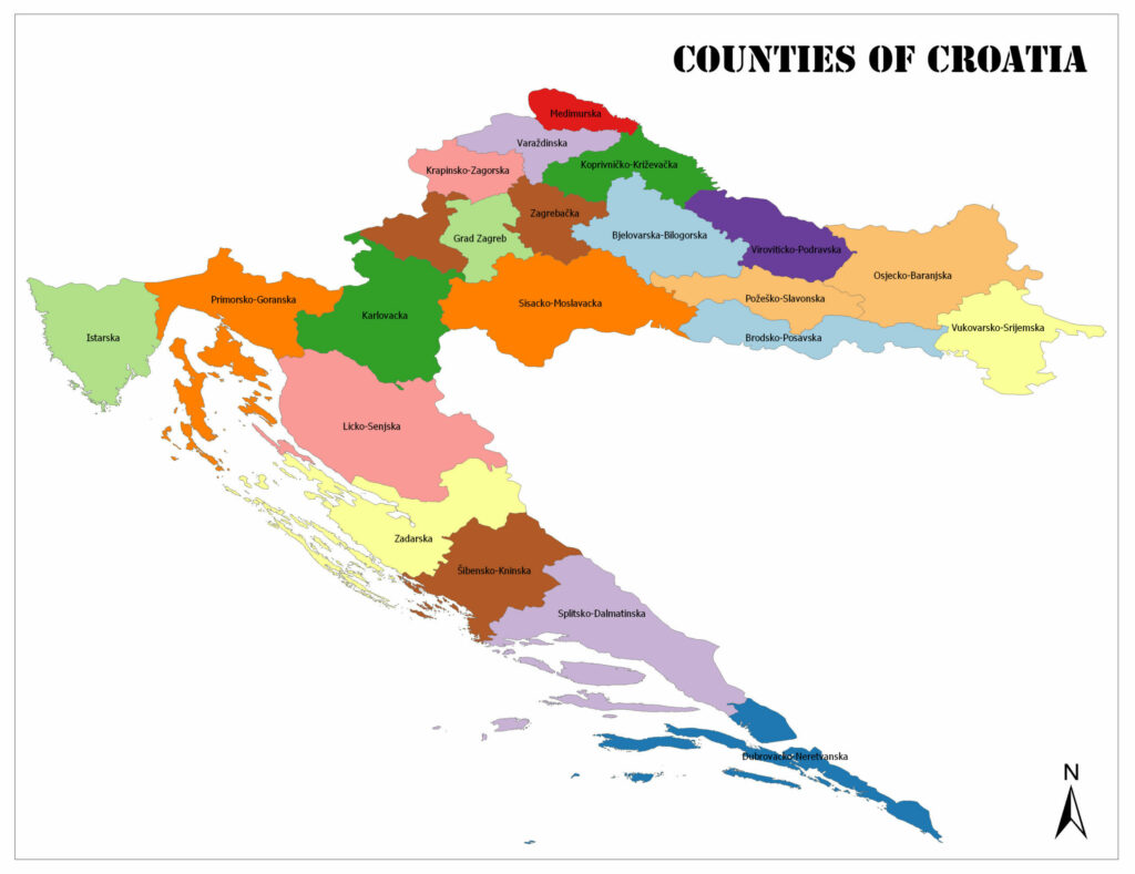 A color-coded map showing the counties of Croatia with labels and a compass indicating the north direction.