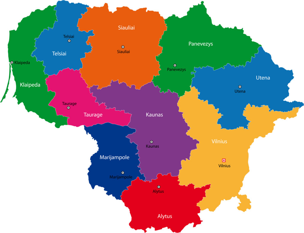 A low-resolution political map of Lithuania showing its various regions in different colors.