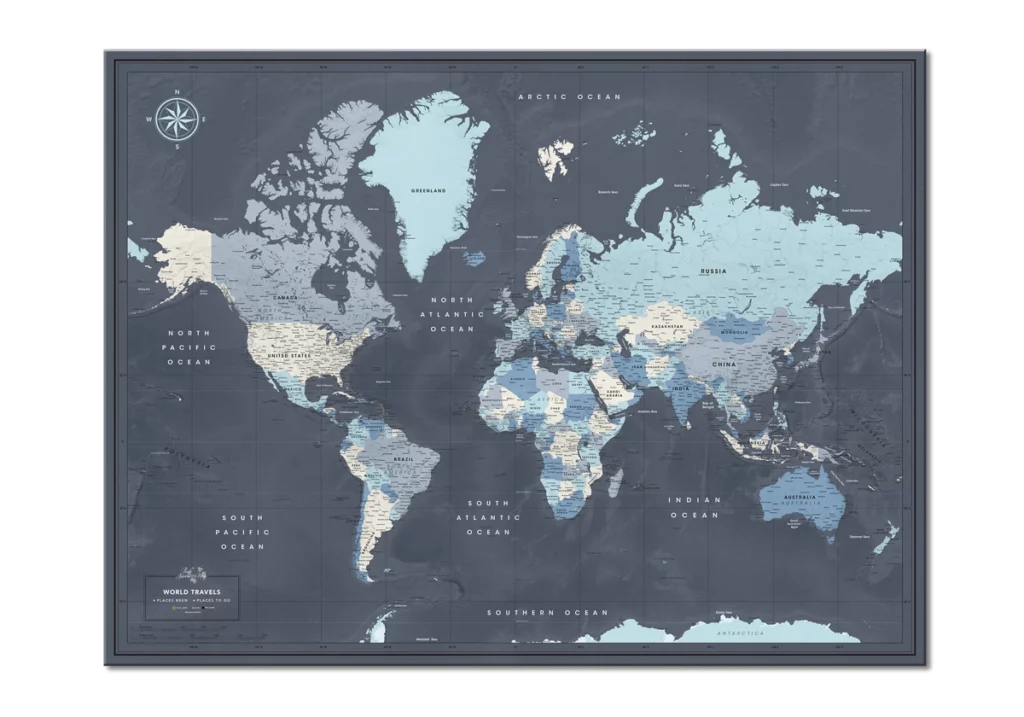 A world map with countries in various shades of blue and beige, marked with push pins, on a dark background.