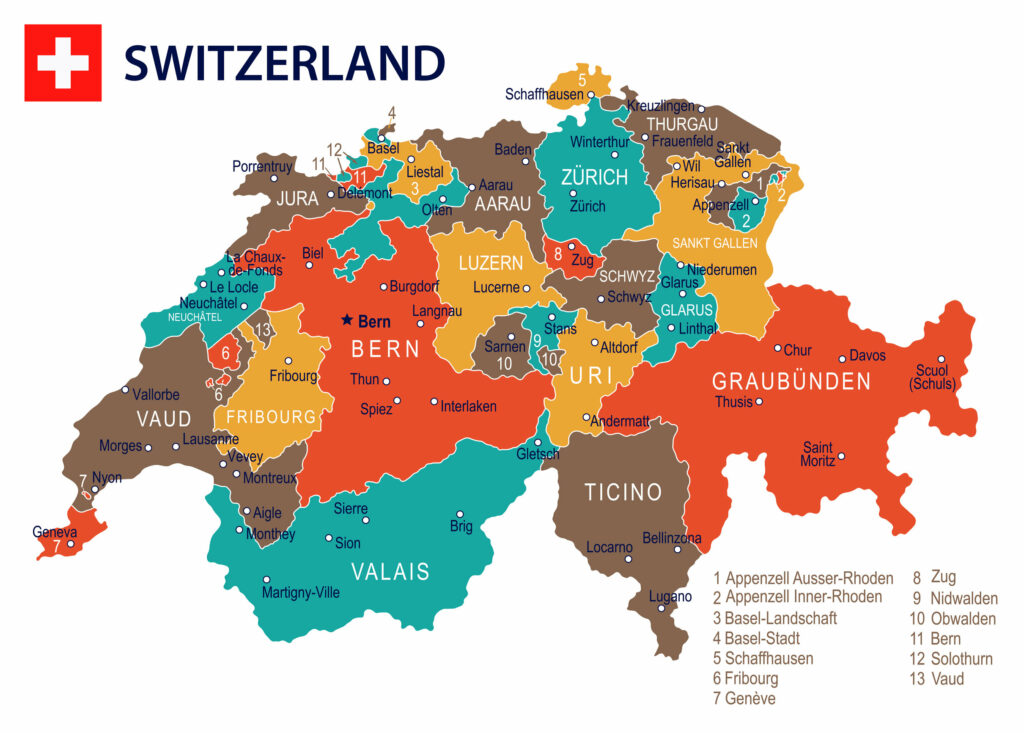 A vibrant map of Switzerland's cantons, labeled and color-coded, with a legend and Swiss flag.