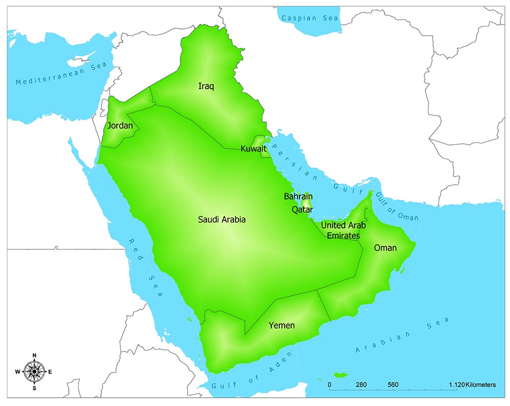 A color map highlights the Arabian Peninsula's countries in green, with surrounding waters in light blue.