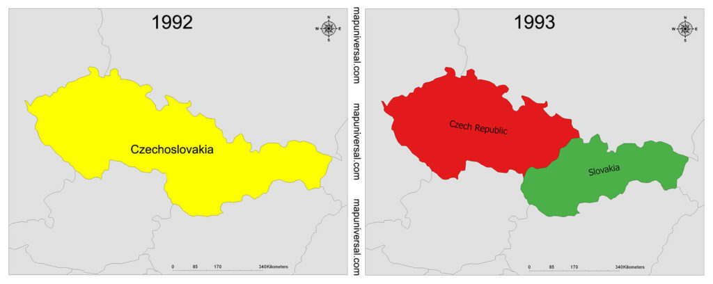 Two maps compare geographical changes from Czechoslovakia in 1992 to Czech Republic and Slovakia in 1993.