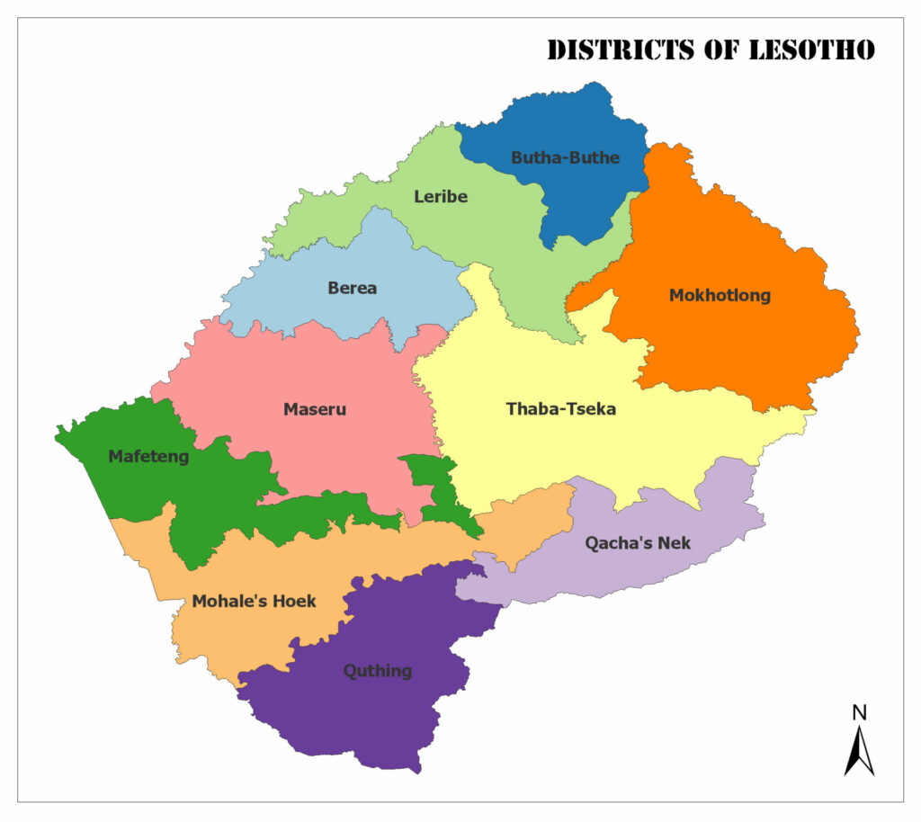 The text describes a color-coded map of Lesotho's districts, each highlighted and named, with a compass arrow in the bottom right.