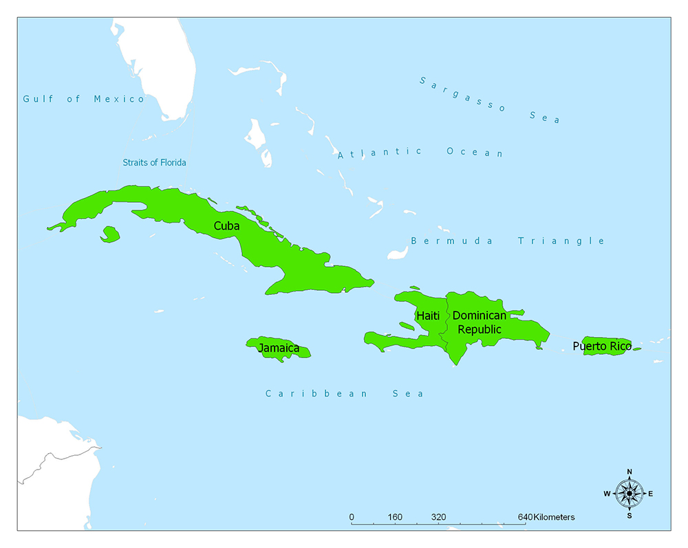 A map highlights Greater Antilles: Cuba, Jamaica, Hispaniola, Puerto Rico in green, with labels and a scale.