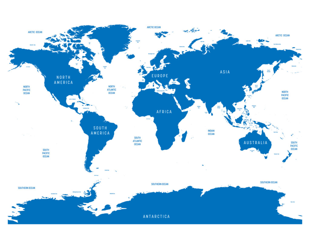 A simplified world map in shades of blue, showing continents and oceans with labels.