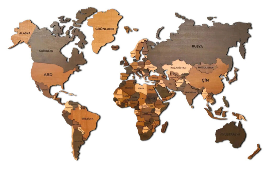 A wooden world map with each country in different shades of brown, designed as a wall decoration.