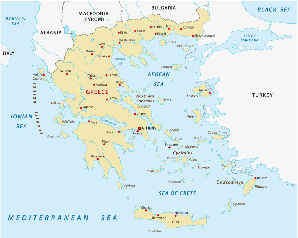 A map showing Greece and its surrounding countries with major cities marked, bordered by the Aegean Sea, Ionian Sea, and the Mediterranean Sea.