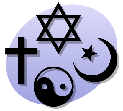 A graphic features religious symbols (Christian, Jewish, Islamic, Hindu, Taoist) on a circular gradient background.