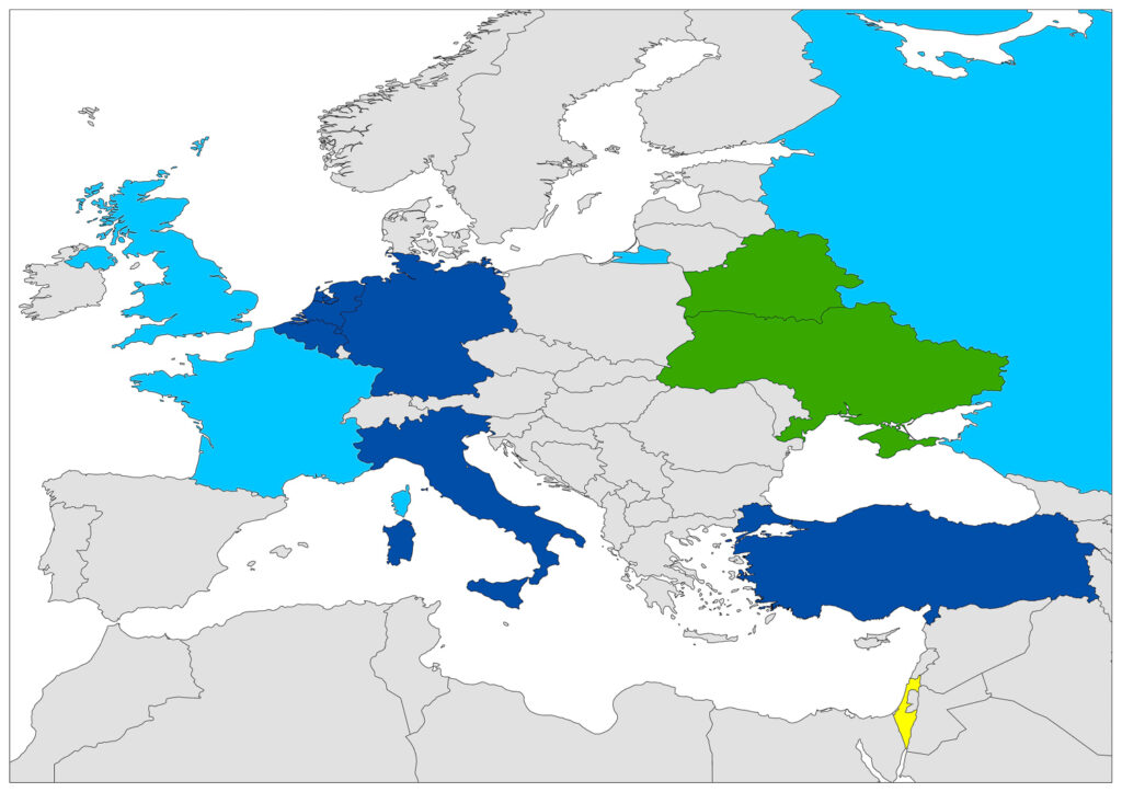 A color-coded map of Europe with certain countries highlighted in different colors: blue, green, and yellow.