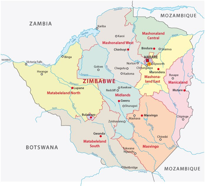 A colorful political map of Zimbabwe showing various regions in different colors with labels, surrounding country names, and major cities marked.