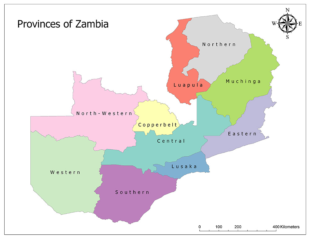 A color-coded map showing the provinces of Zambia with labels for each province and a compass rose in the upper right corner.