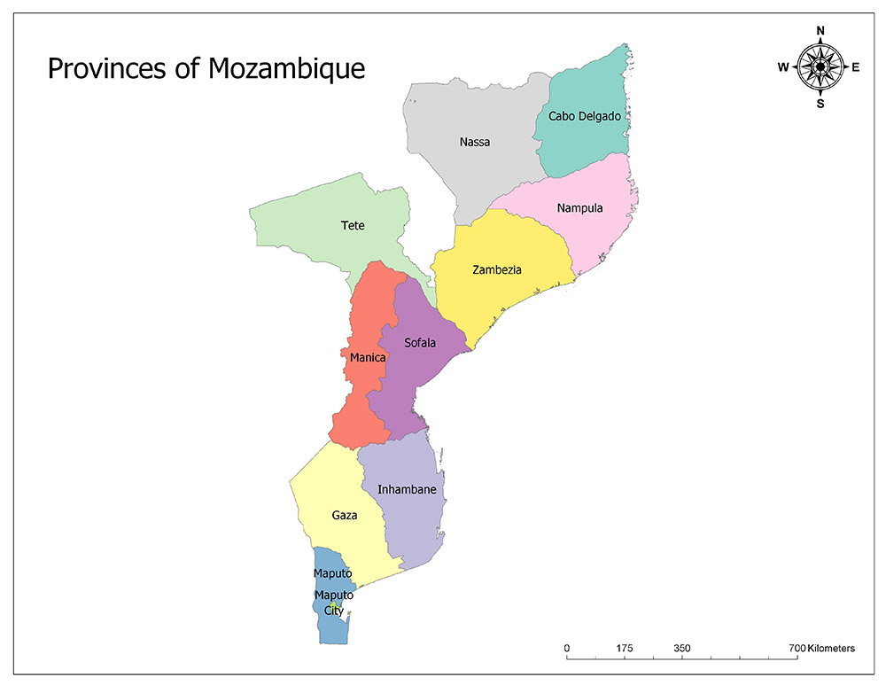 A color-coded map showing the provinces of Mozambique with a scale and a compass rose in the bottom right corner.