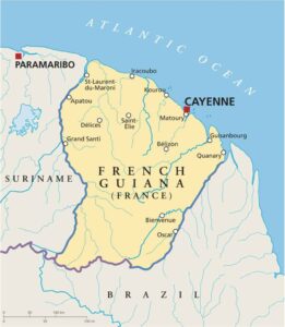 A map showing the location of French Guiana in South America with the capital city Cayenne marked with a red dot.