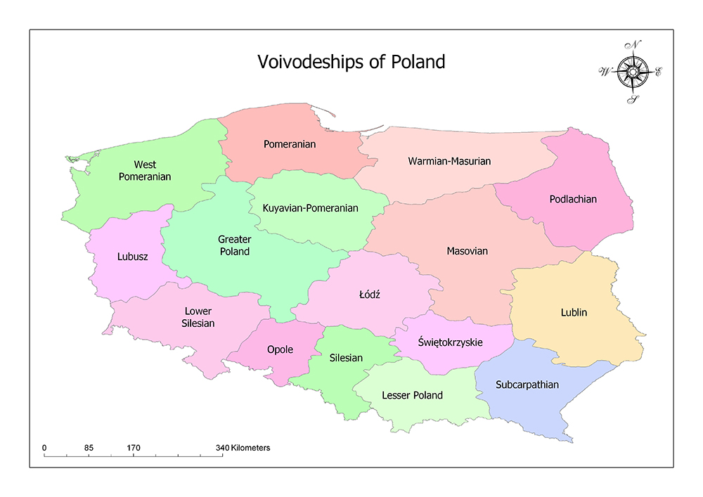 A color-coded map showing the voivodeships (provinces) of Poland with labels and a compass rose in the upper right corner.