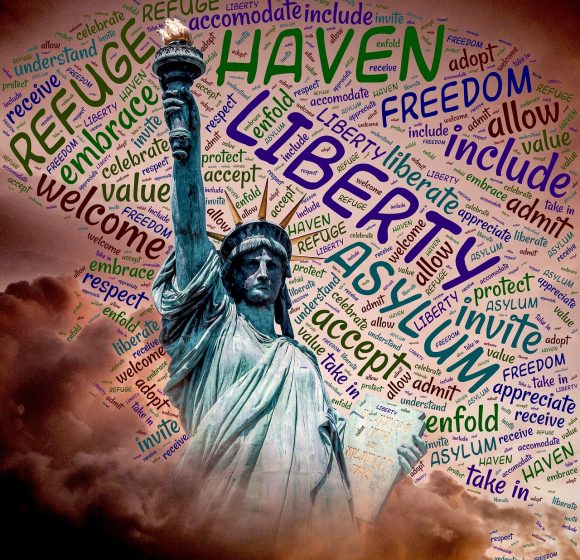 A graphic features the Statue of Liberty amid words like "FREEDOM" and "ASYLUM", set against a world map and cloudy sky.