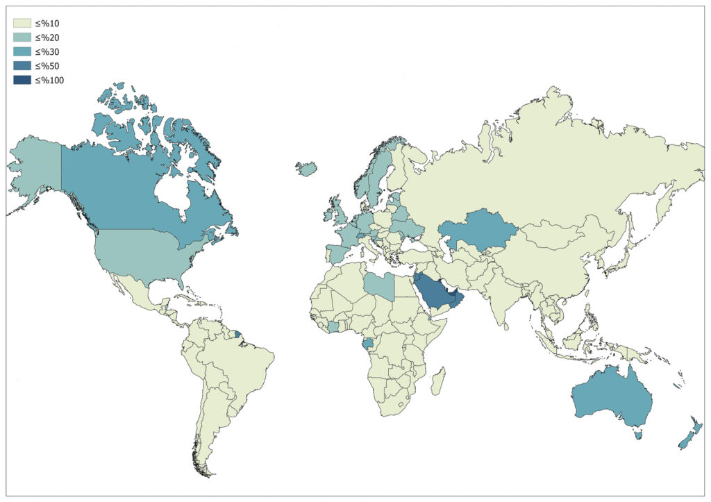 A color-coded world map possibly shows data like population or climate, but lacks detail for specific data or regions.